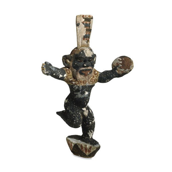 Wooden figure of Bes playing a tambourine