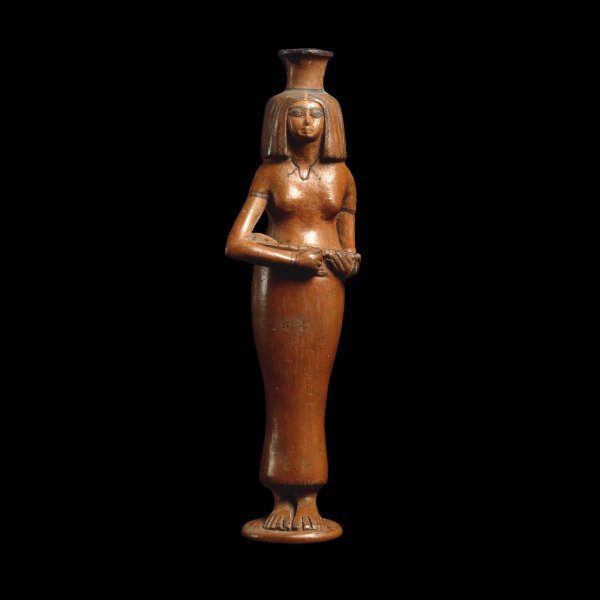 Terracotta bottle in the shape of a female lute player